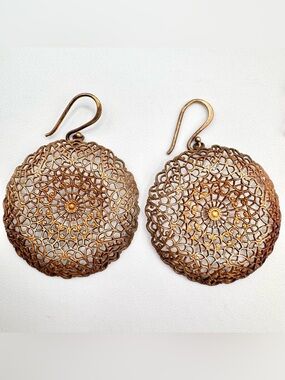 Vintage Cannetille Filigree Lace Silver Medallion Earrings Patina 2 1/8” 8 Grams